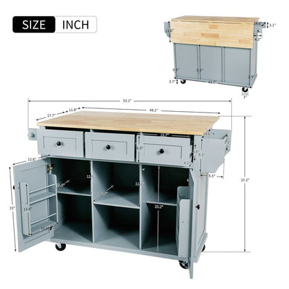 Kitchen Island with Rubberwood Folding Leaf Countertop, 3 Drawers, Cabinet with Interior Shelves and 5 Wheels, Blue
