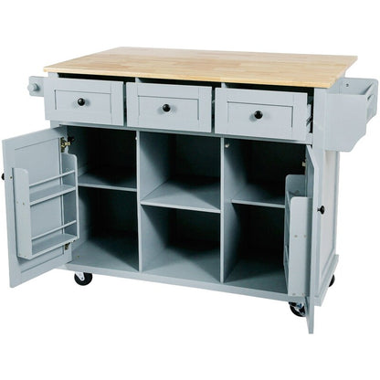 Kitchen Island with Rubberwood Folding Leaf Countertop, 3 Drawers, Cabinet with Interior Shelves and 5 Wheels, Blue