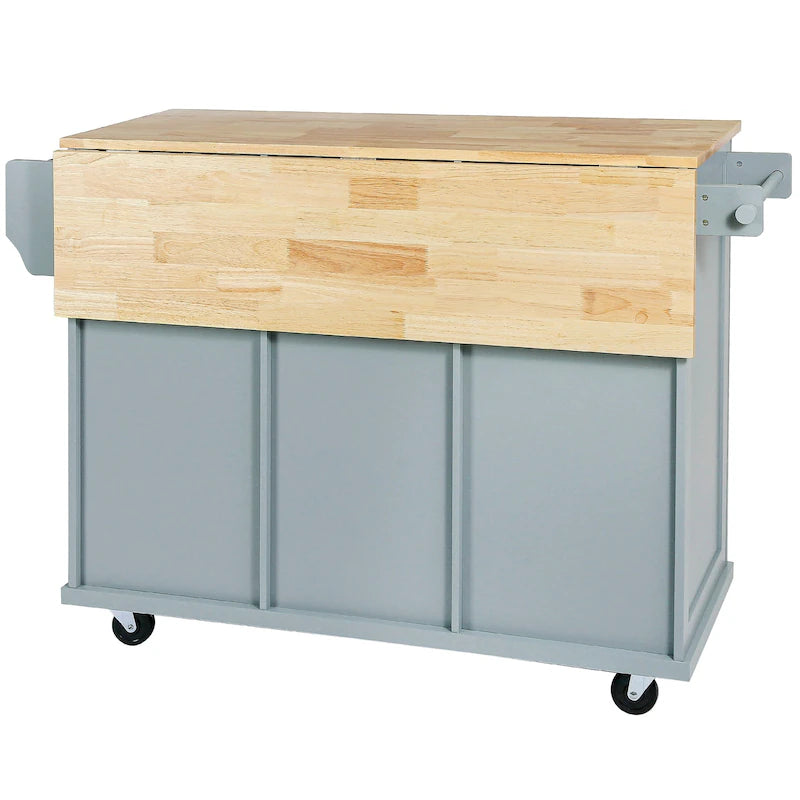 Kitchen Island with Rubberwood Folding Leaf Countertop, 3 Drawers, Cabinet with Interior Shelves and 5 Wheels, Blue