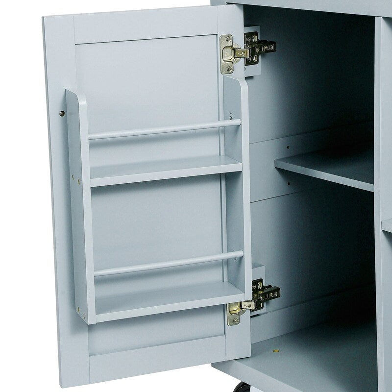 Kitchen Island with Rubberwood Folding Leaf Countertop, 3 Drawers, Cabinet with Interior Shelves and 5 Wheels, Blue