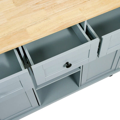Kitchen Island with Rubberwood Folding Leaf Countertop, 3 Drawers, Cabinet with Interior Shelves and 5 Wheels, Blue