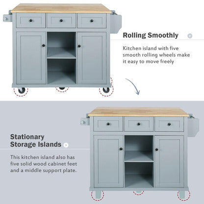 Kitchen Island with Rubberwood Folding Leaf Countertop, 3 Drawers, Cabinet with Interior Shelves and 5 Wheels, Blue