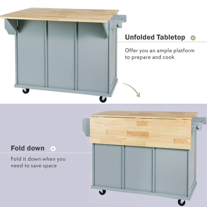 Kitchen Island with Rubberwood Folding Leaf Countertop, 3 Drawers, Cabinet with Interior Shelves and 5 Wheels, Blue