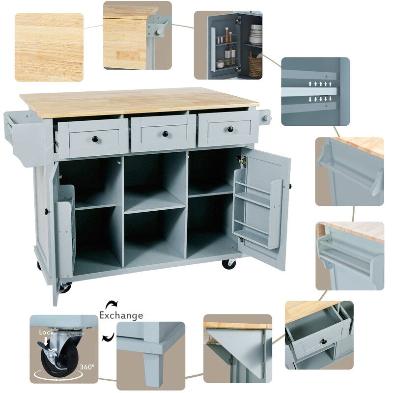Kitchen Island with Rubberwood Folding Leaf Countertop, 3 Drawers, Cabinet with Interior Shelves and 5 Wheels, Blue