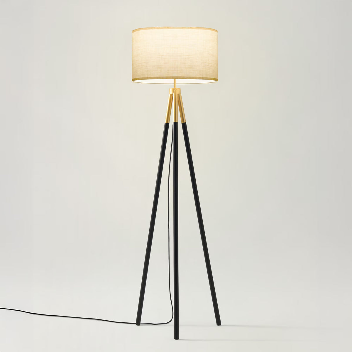 Gold Tripod Floor Lamp - Black Metal Legs, White Fabric Shade, E26
