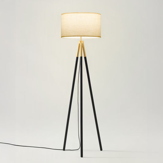 Gold Tripod Floor Lamp - Black Metal Legs, White Fabric Shade, E26