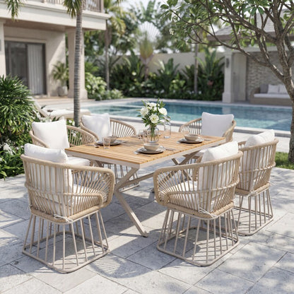 Outdoor 7-Piece Teak Dining Set - Table & 6 Wicker Chairs with Cushions