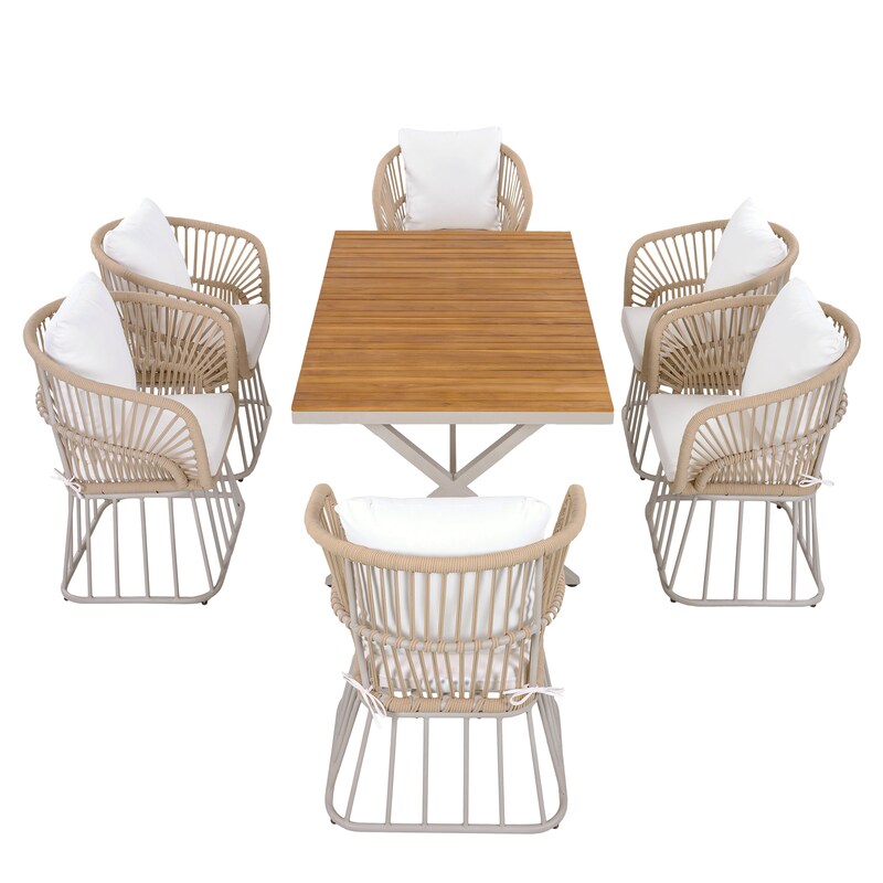 Outdoor 7-Piece Teak Dining Set - Table & 6 Wicker Chairs with Cushions