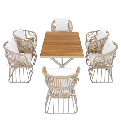 Outdoor 7-Piece Teak Dining Set - Table & 6 Wicker Chairs with Cushions