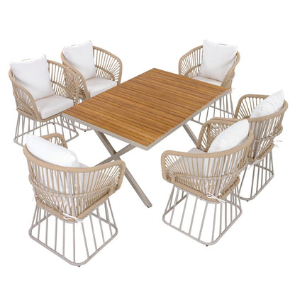 Outdoor 7-Piece Teak Dining Set - Table & 6 Wicker Chairs with Cushions
