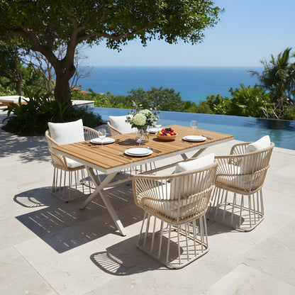 Outdoor 7-Piece Teak Dining Set - Table & 6 Wicker Chairs with Cushions