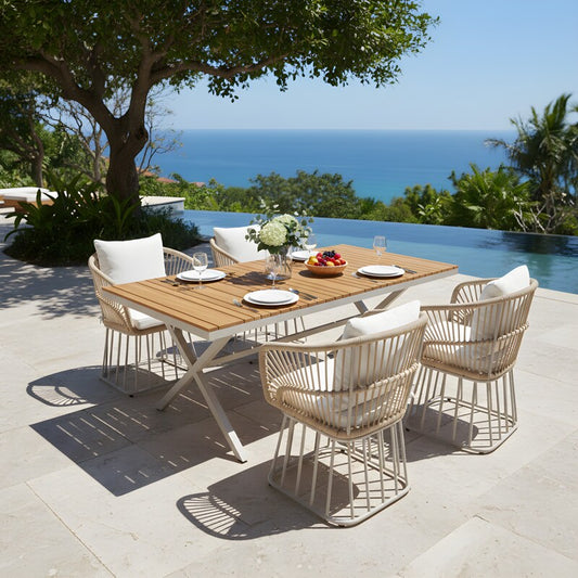 Outdoor 7-Piece Teak Dining Set - Table & 6 Wicker Chairs with Cushions