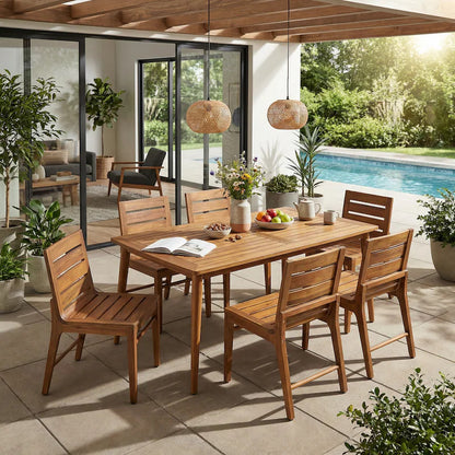 7-Piece Outdoor Acacia Wood Dining Set - 71" Teak Table with 6 Ergonomic Chairs