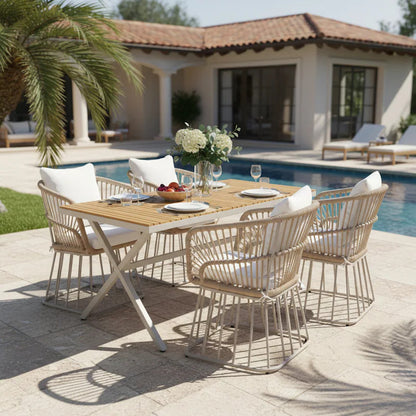 Outdoor 7-Piece Teak Dining Set - Table & 6 Wicker Chairs with Cushions