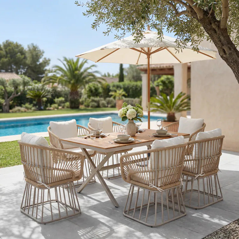 Outdoor 7-Piece Teak Dining Set - Table & 6 Wicker Chairs with Cushions