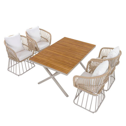 Outdoor 7-Piece Teak Dining Set - Table & 6 Wicker Chairs with Cushions