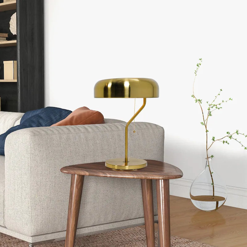 Gold Metal Table Lamp with Drum Shade - Modern Bedside Nightstand Lamp