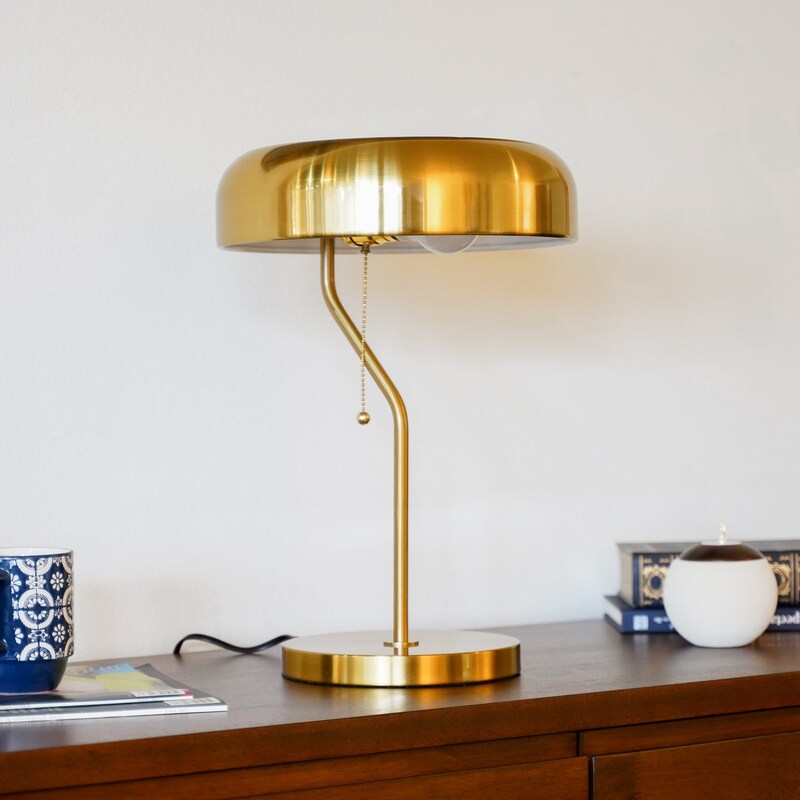 Gold Metal Table Lamp with Drum Shade - Modern Bedside Nightstand Lamp