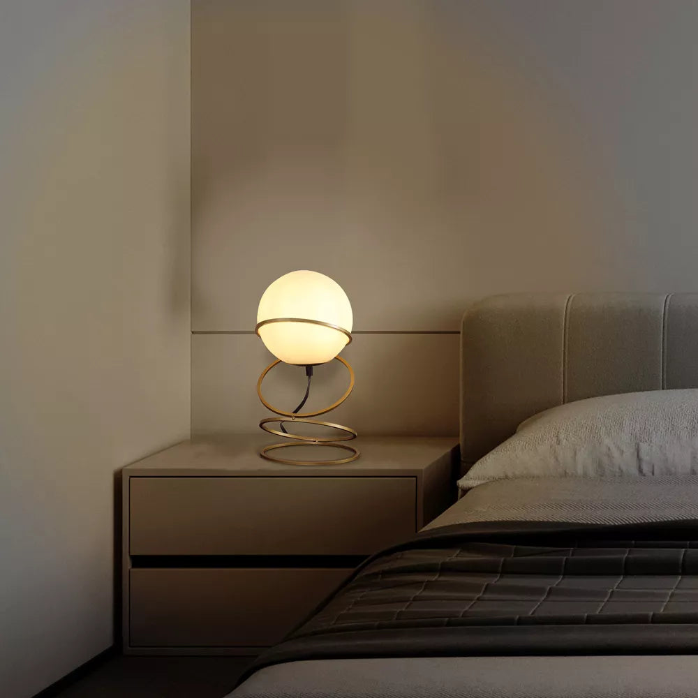 Gold Spiral Ring Table Lamp with White Glass Globe Shade - Modern Bedside Nightstand Lamp