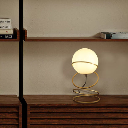 Gold Spiral Ring Table Lamp with White Glass Globe Shade - Modern Bedside Nightstand Lamp