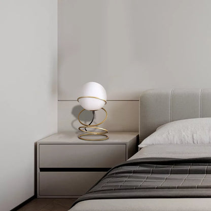 Gold Spiral Ring Table Lamp with White Glass Globe Shade - Modern Bedside Nightstand Lamp