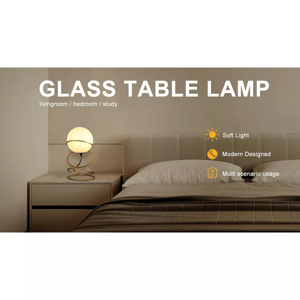 Gold Spiral Ring Table Lamp with White Glass Globe Shade - Modern Bedside Nightstand Lamp