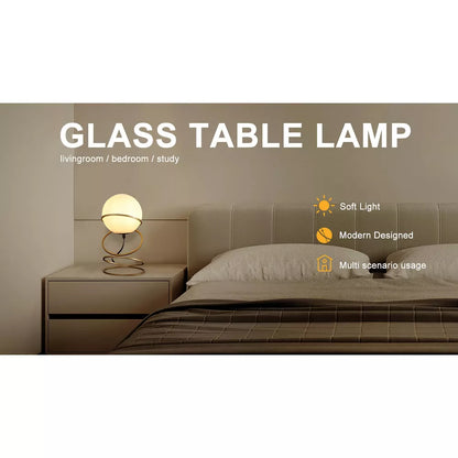 Gold Spiral Ring Table Lamp with White Glass Globe Shade - Modern Bedside Nightstand Lamp