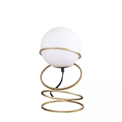 Gold Spiral Ring Table Lamp with White Glass Globe Shade - Modern Bedside Nightstand Lamp