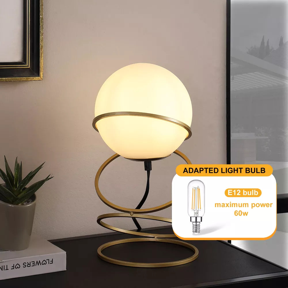 Gold Spiral Ring Table Lamp with White Glass Globe Shade - Modern Bedside Nightstand Lamp