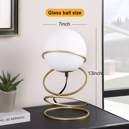 Gold Spiral Ring Table Lamp with White Glass Globe Shade - Modern Bedside Nightstand Lamp