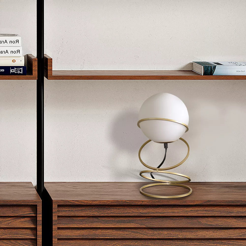 Gold Spiral Ring Table Lamp with White Glass Globe Shade - Modern Bedside Nightstand Lamp