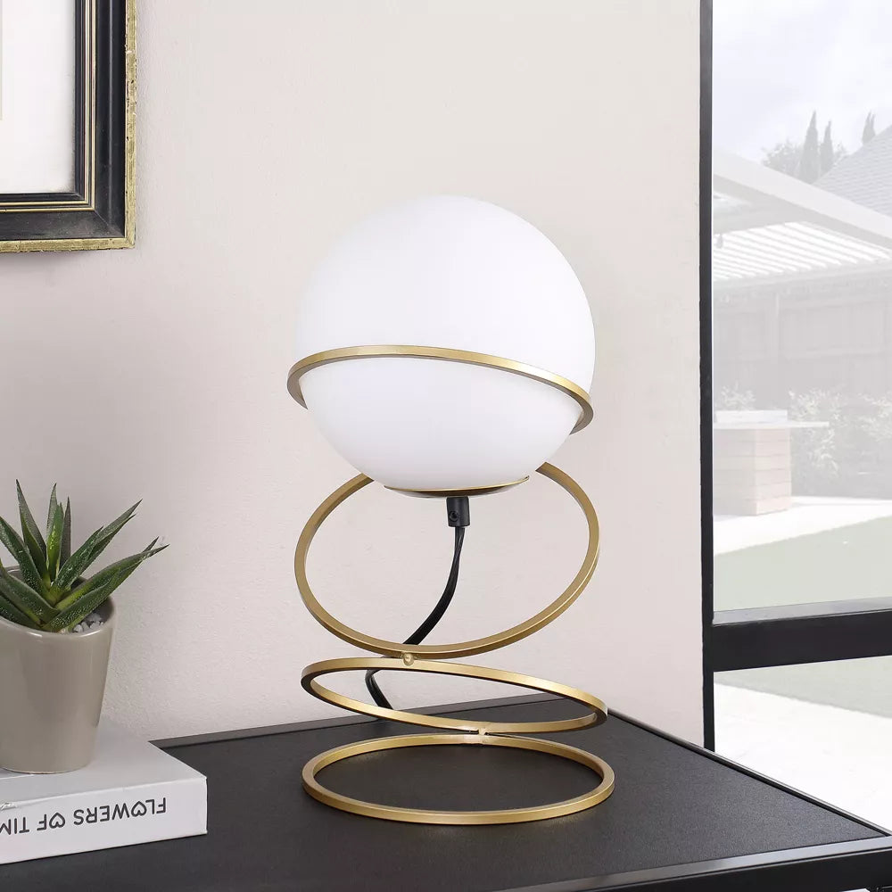 Gold Spiral Ring Table Lamp with White Glass Globe Shade - Modern Bedside Nightstand Lamp
