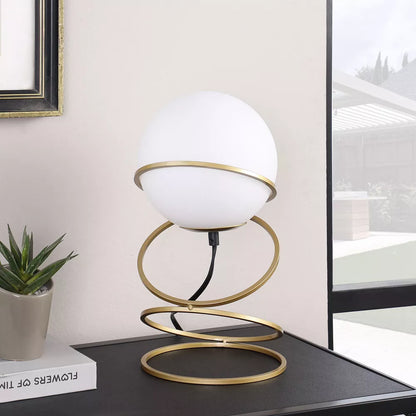 Gold Spiral Ring Table Lamp with White Glass Globe Shade - Modern Bedside Nightstand Lamp