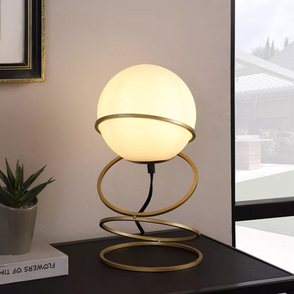 Gold Spiral Ring Table Lamp with White Glass Globe Shade - Modern Bedside Nightstand Lamp