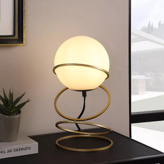 Gold Spiral Ring Table Lamp with White Glass Globe Shade - Modern Bedside Nightstand Lamp