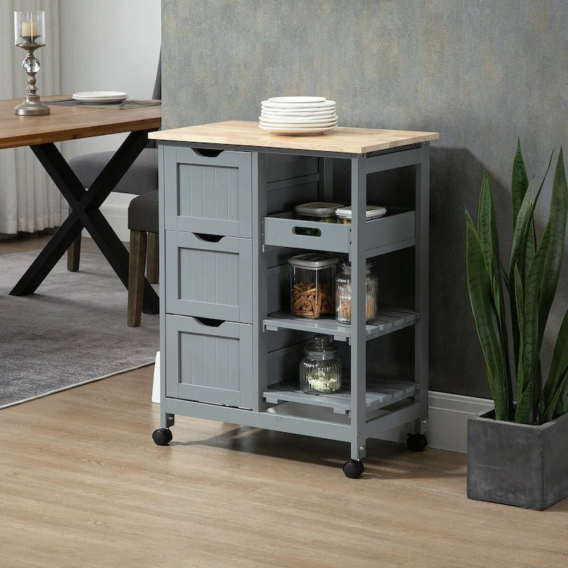 Rolling Kitchen Cart, Kitchen Island With Wood Top, Shelves & Drawers For Dining Area, Gray