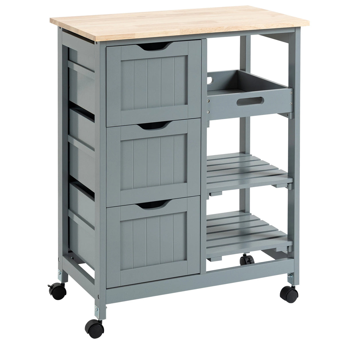 Rolling Kitchen Cart, Kitchen Island With Wood Top, Shelves & Drawers For Dining Area, Gray