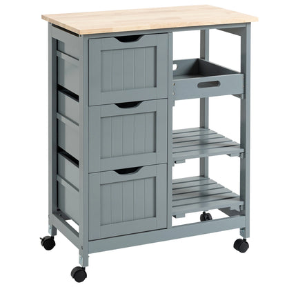 Rolling Kitchen Cart, Kitchen Island With Wood Top, Shelves & Drawers For Dining Area, Gray