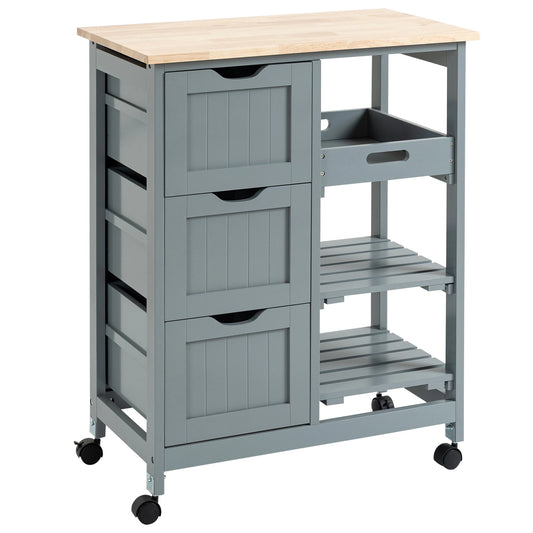 Rolling Kitchen Cart, Kitchen Island With Wood Top, Shelves & Drawers For Dining Area, Gray