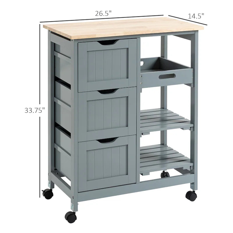 Rolling Kitchen Cart, Kitchen Island With Wood Top, Shelves & Drawers For Dining Area, Gray