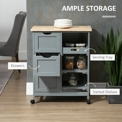 Rolling Kitchen Cart, Kitchen Island With Wood Top, Shelves & Drawers For Dining Area, Gray
