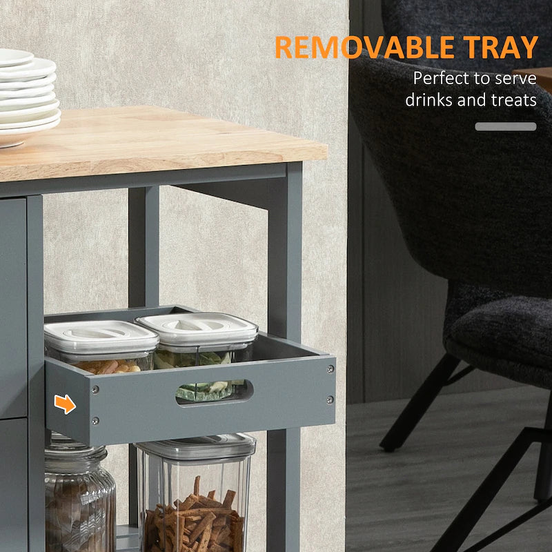 Rolling Kitchen Cart, Kitchen Island With Wood Top, Shelves & Drawers For Dining Area, Gray