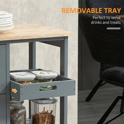 Rolling Kitchen Cart, Kitchen Island With Wood Top, Shelves & Drawers For Dining Area, Gray