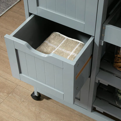 Rolling Kitchen Cart, Kitchen Island With Wood Top, Shelves & Drawers For Dining Area, Gray