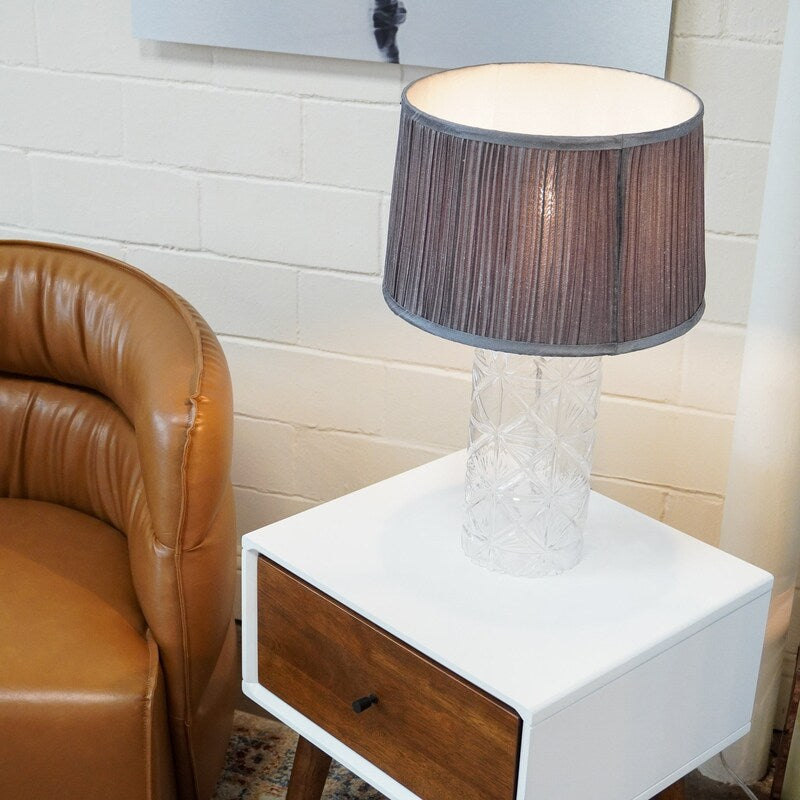 Luxora Glass Table Lamp - Gold & Clear, Pleated Fabric Shade, E12 Bulb