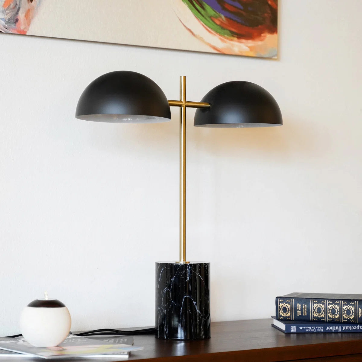 Black Gold Marble Table Lamp - Double Lamp with Faux Marble Base and On/Off Switch, E26