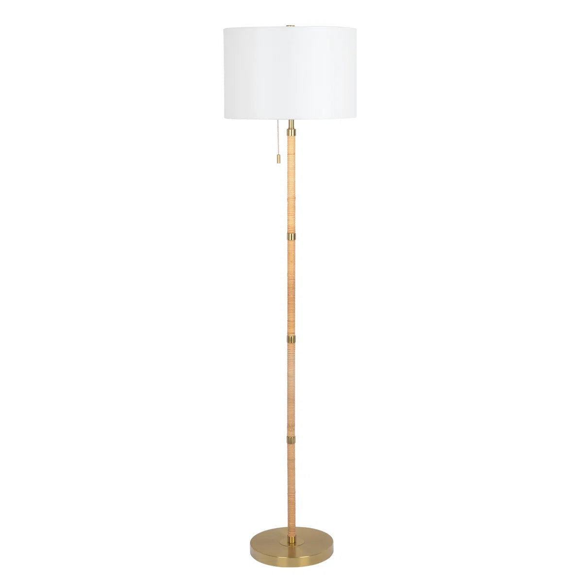 Stellar Floor Lamp - Gold Brass, Wood Rattan & White Linen Shade