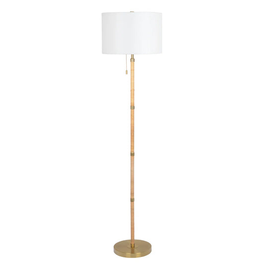 Stellar Floor Lamp - Gold Brass, Wood Rattan & White Linen Shade