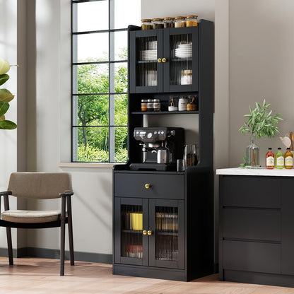 Black Kitchen Pantry Hutch Storage Cabinet, Farmhouse Kitchen Hutch Buffet Cabinet With Microwave Stand, Freestanding Buffet Sideboard Coffee Bar Cabinet