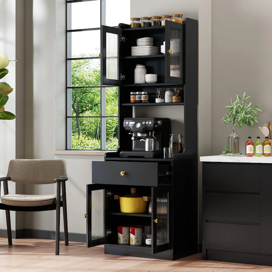 Black Kitchen Pantry Hutch Storage Cabinet, Farmhouse Kitchen Hutch Buffet Cabinet With Microwave Stand, Freestanding Buffet Sideboard Coffee Bar Cabinet